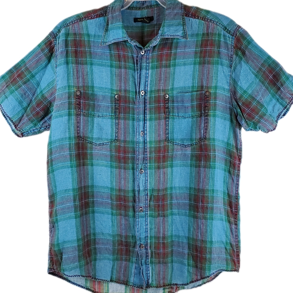 Vintage Martin Gordon Plaid 100% Linen Button Up Shirt Size L Mens Short Sleeve